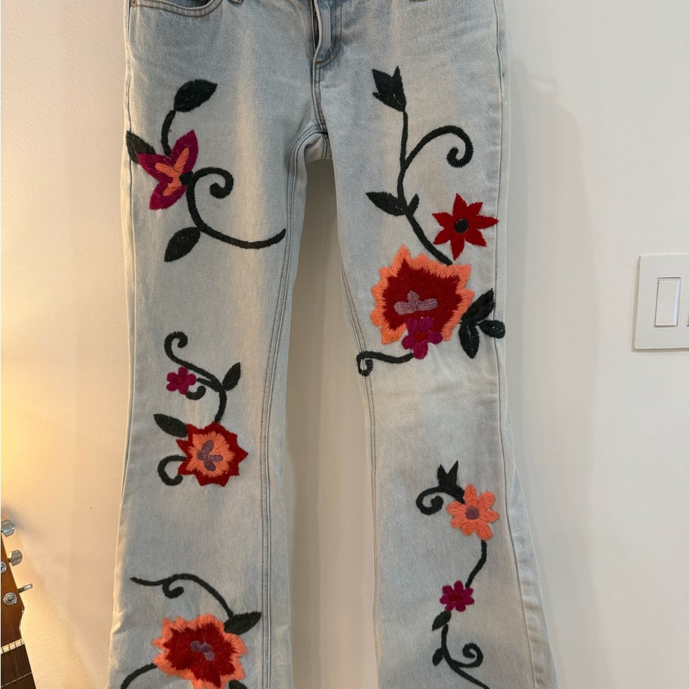 LONDONJEAN Floral Embroidered Flare Jeans - Black, Red, Orange